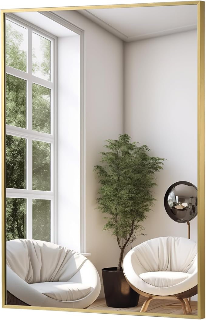 FARMER 26x38 Inch Gold Bathroom Mirror, Rectangle Wall Mounted Mirror, Vanity Mirror, Brushed Square Mirror, Framed Bathroom Mirror for Bedrooms, Entryways, Living Rooms, Horizontal/Vertical