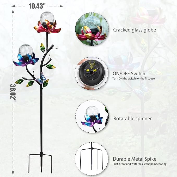 VCUTEKA Solar Garden Light Solar Flowers Light with LED Crackle Glass Globe Solar Lights Outdoor Metal Garden Stake Wind Spinner for Garden Decoration, Patio Decor, Yard Decor and Gift for Mother