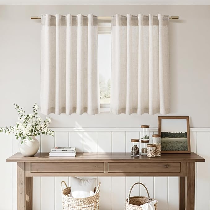 30 Inch Beige Curtains for Kitchen Linen Blend Rustic Farmhouse Short Curtain - Image 6