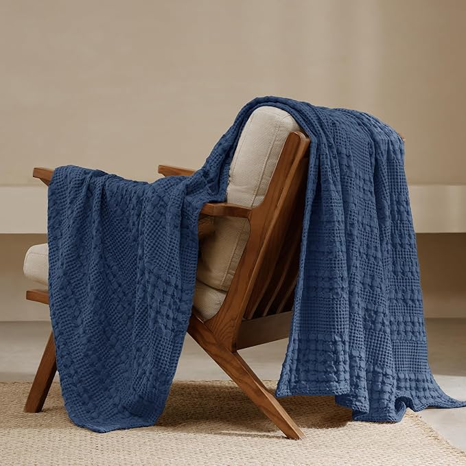 PHF 100% Cotton Waffle Weave Throw Blanket, Soft Lightweight Breathable Cozy Summer Throws for Couch Bed Sofa, Luxury Aesthetic Woven Blanket for Home Decor & Office, 50"x60", Bright Navy