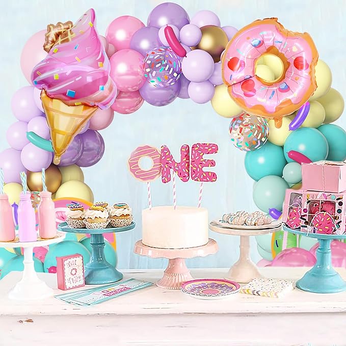 Amandir 139pcs Pastel Donut Balloon Arch Garland Kit Sweet One Ice Cream Birthday Party Decorations Sprinkles Confetti Pastel Balloons for Donut Grow Up Girl Baby Shower Spring Party Supplies
