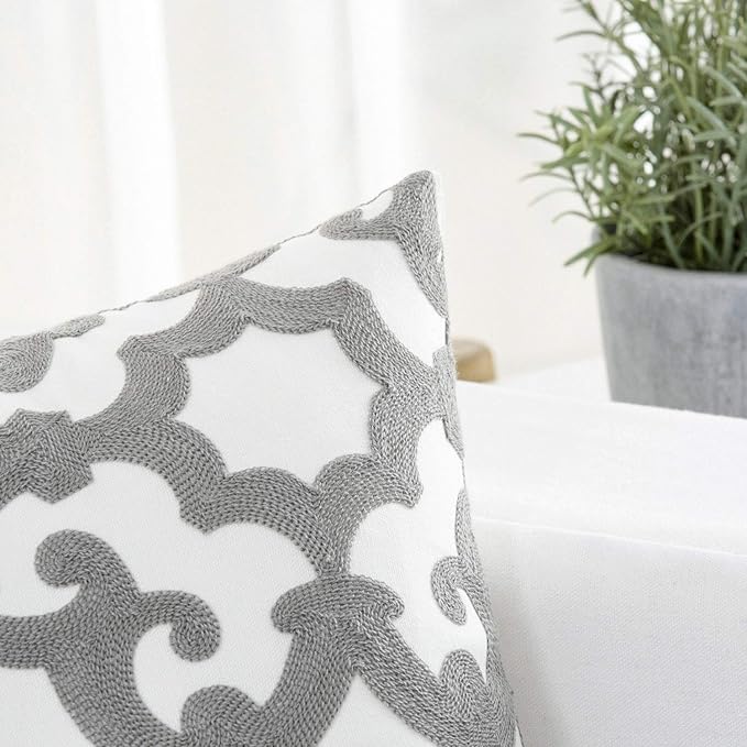 HWY 50 Grey Gray Decorative Throw Pillow Covers 18x18 Inch, Pack of 2 Embroidered Cotton Farmhouse Cushion Cover Pillow Case for Sofa Couch Living Room Bed Bedroon, Geometric Design