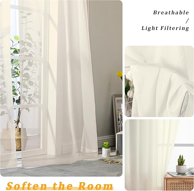 Gwine Extra Long Cream Sheer Curtains 120 Inches Long 2 Panels Set, Voile Light - Image 3