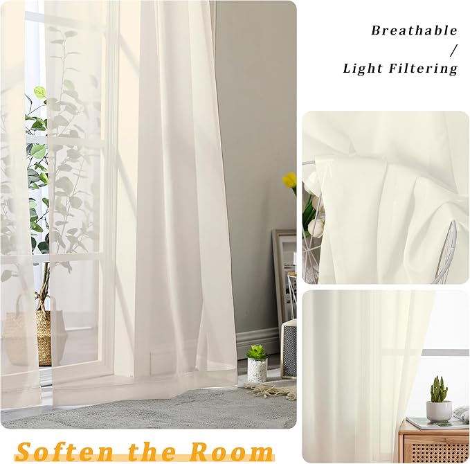 Gwine Cream Sheer Curtains 48 Inches Long 2 Panels Set, Light Filtering Sheer - Image 3