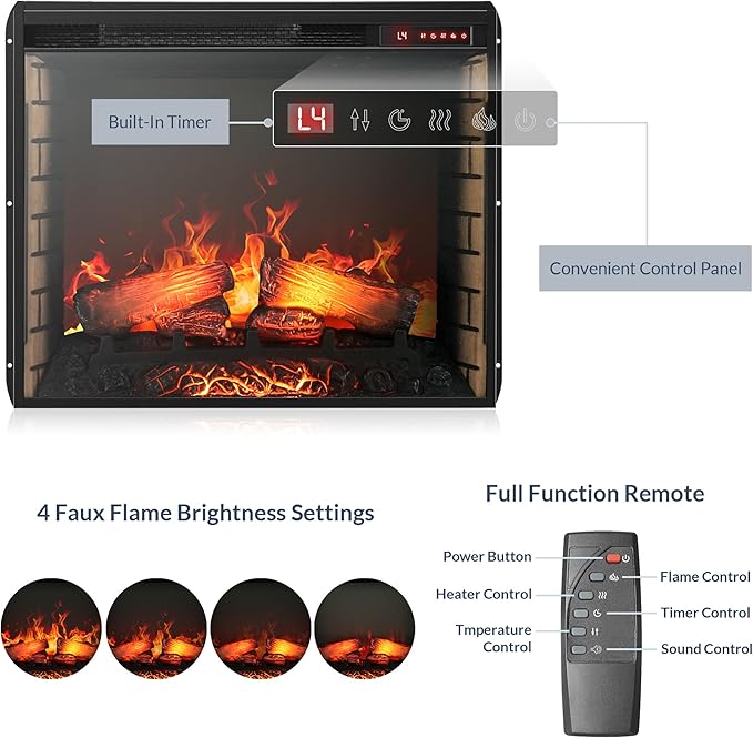 BELLEZE 28" Electric Fireplace, 1500 W 5000 BTU Space Heater with Adjustable Timer, Realistic Wood Log & Crackling Sound, Indoor Fireplace for TV Stand Mantel, Bedroom, Living Room
