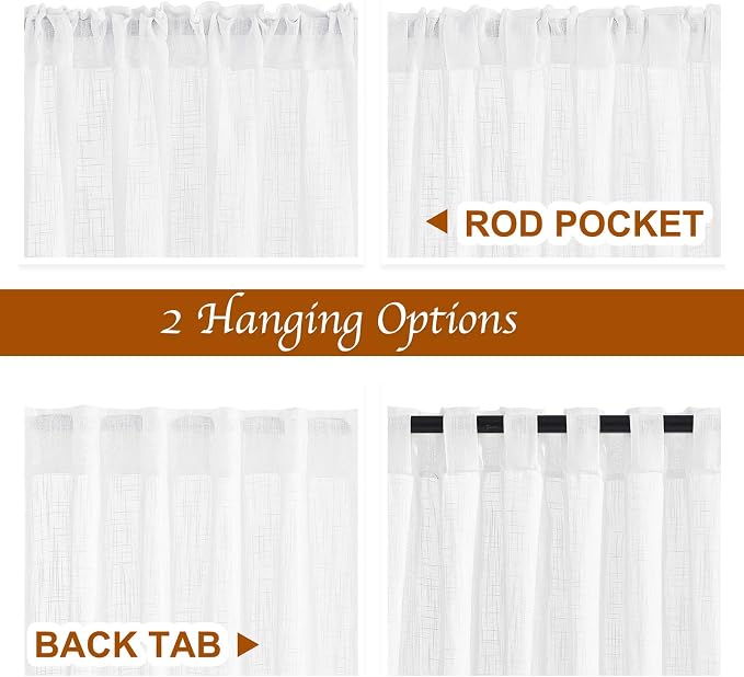 NICETOWN White Faux Linen Kitchen Curtains 36 inches Long, Rod Pockets & Back - Image 3
