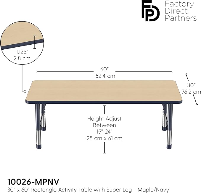 FDP Rectangle Activity School and Classroom Kids Table (30 x 60 inch), Toddler Legs, Adjustable Height 15-24 inches - Maple Top and Navy Edge