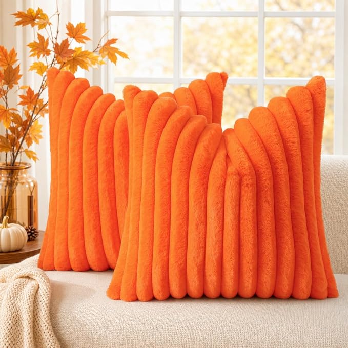 decorUhome Fall Faux Fur Throw Pillow Covers 16x16 Set of 2 Orange | Decorative by decorUhome