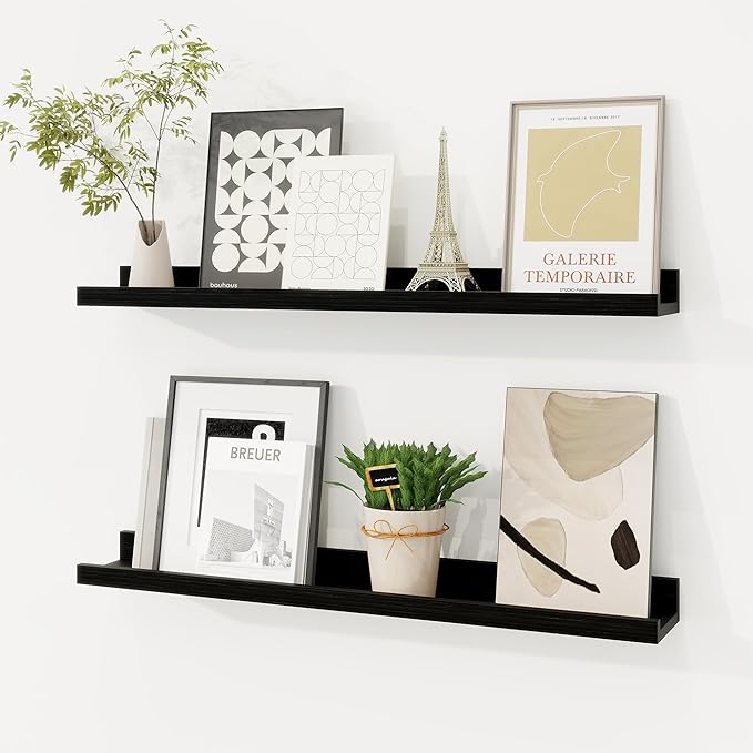 Picture Ledge Shelf, Solid Pine Wood Floating Shelves Set of 2, 24 Inches Nursery Book Shelves for Toys Storage, Kids Bookshelf Wall Mounted for Living Room Bedroom Decor Books Photo Frames, Black