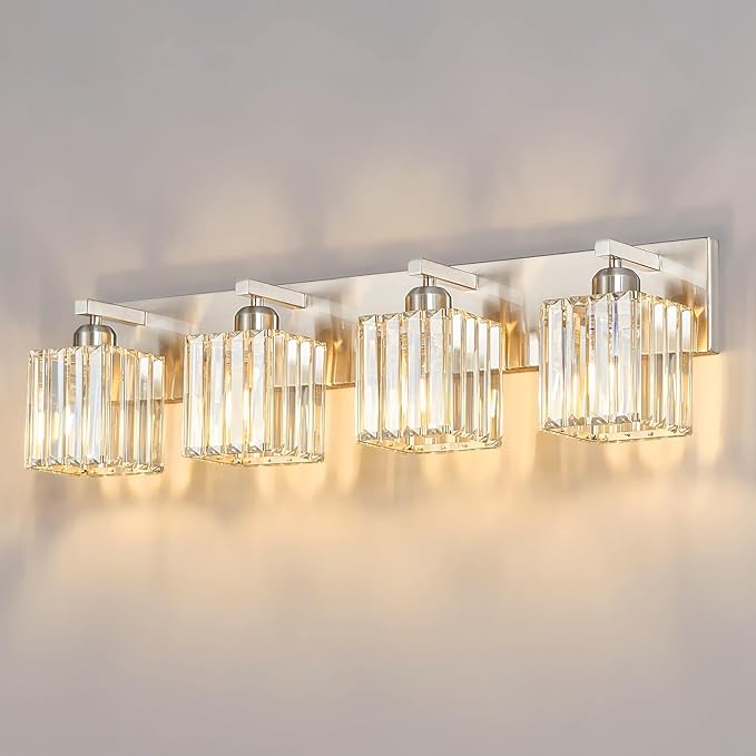 Modern Vanity Light 4-Lights Brushed Nickel Vanity Light Crystal Bathroom Wall Light Bathroom Light Fixtures