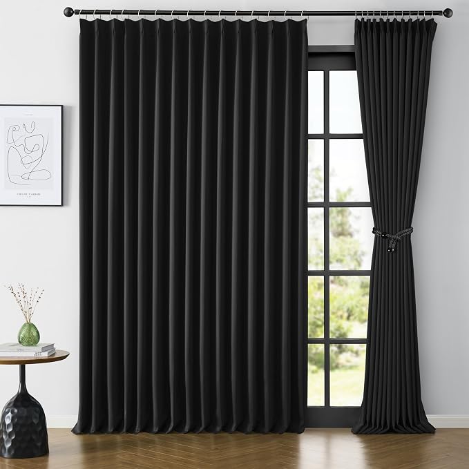 Extra Wide Black Pinch Pleated Curtains 100 x 84, Thermal Insulated Noise by KEQIAOSUOCAI