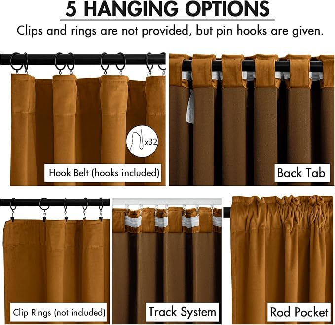 MIULEE Velvet Curtains 50W x 96L 2 Panels Golden Brown Blackout Curtains | - Image 2