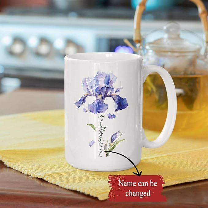 Customized Iris Flower Lover Cup, Custom Name Flower Ceramic Mug, Novelty Flower Themed Accent Cup 11oz 15oz, Personalized Iris Design Coffee Mug, Gift For Girlfriend Women