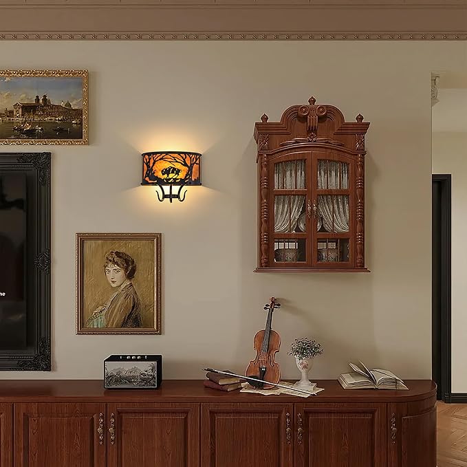 TOCHIC Farmhouse Wall Sconce, Rustic Vintage Indoor Wall Light Fixture, 2-Light Western Cow Wall Mount Light for Bedroom, Hallway, Living Room, Stairway