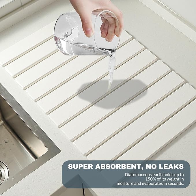 Large Stone Dish Drying Mats for Kitchen Counter, Quick Dry Absorbent Collapsible Dish Drying Mat,Diatomaceous Earth Mats for Dishes Bottles Cups,Match Any Countertop,White 16 * 12inch