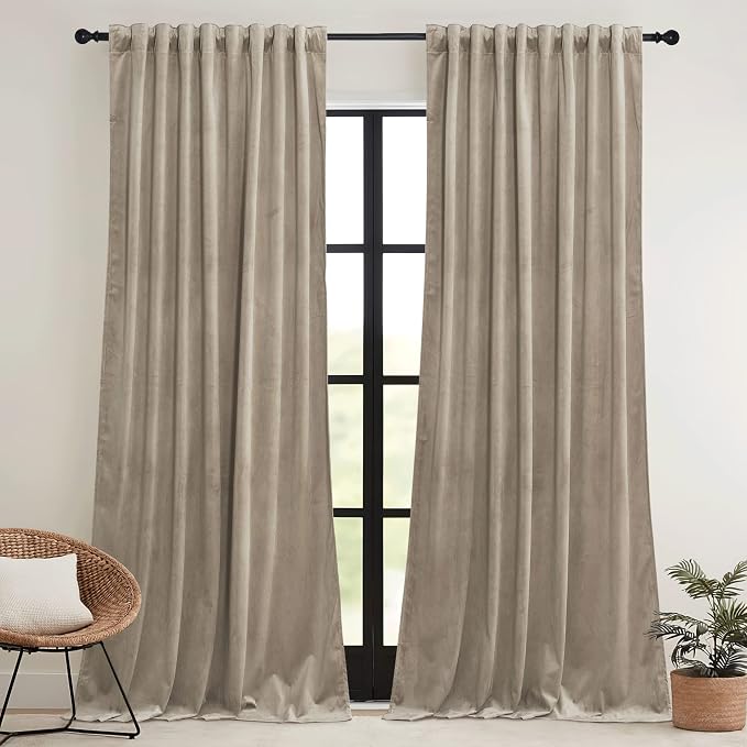 RYB HOME Camel Beige Velvet Curtains 96 inch, Room Darkening Window Curtains - Image 2