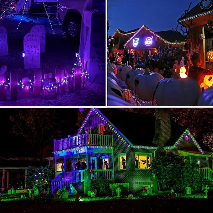 Extendable Purple and Green 2PK 100 LED C9 Halloween Lights Indoor Outdoor Waterproof, 98FT Super Bright C9 String Lights 13 Modes with Timer for Tree Patio Party Garden Halloween Decorations