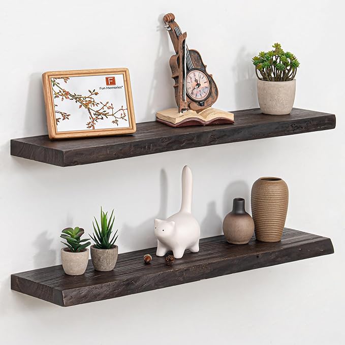 Floating Shelves for Wall, 32 Inch Floating Shelves Wall Mounted, Rustic Live Edge Elm Wood Floating Shelf for Home Decor, Heavy-Duty Storage Shelves for Books, Bathroom, Kitchen (Walnut, Set of 2)