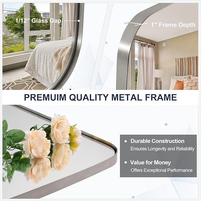 ANDY STAR Brushed Nickel Mirror, 28x36 Inch Stainless Steel Metal Frame Oblong Bathroom Mirror for Vanity, 1’’ Deep Wall Mounted Vertically/Horizontal