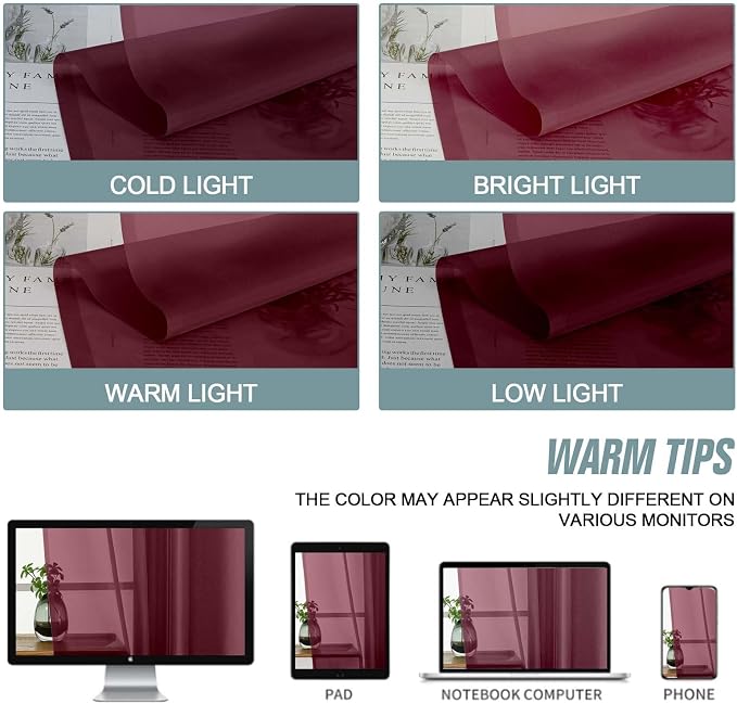 Burgundy Sheer Curtains for Windows 108 inches Long 2 Panels Set, Soft - Image 6