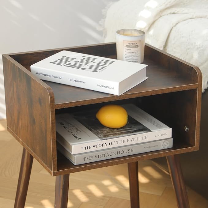 MaxSmeo Night Stand Set 2, Mid Century Modern Side Table Bedroom with Storage, Small End Bedside Table Set of 2 with Solid Wood Legs for Living Room, Office Small Spaces (Rustic Brown)