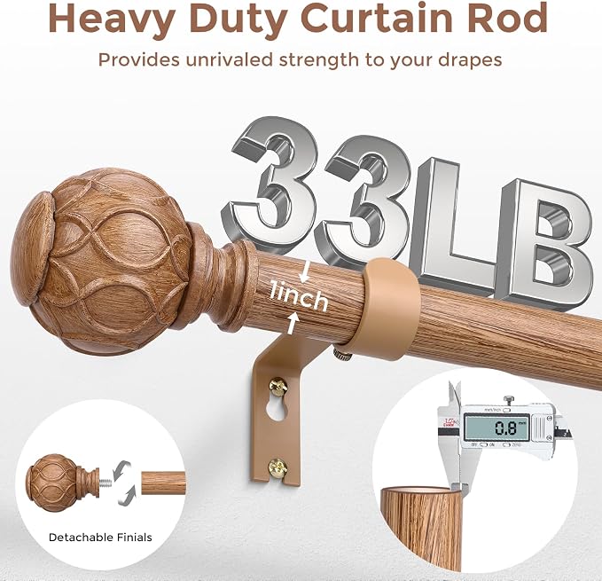 Long Wood Curtain Rods for Windows 66 to 120 Inch, Boho Vintage Decorative 1'' - Image 3