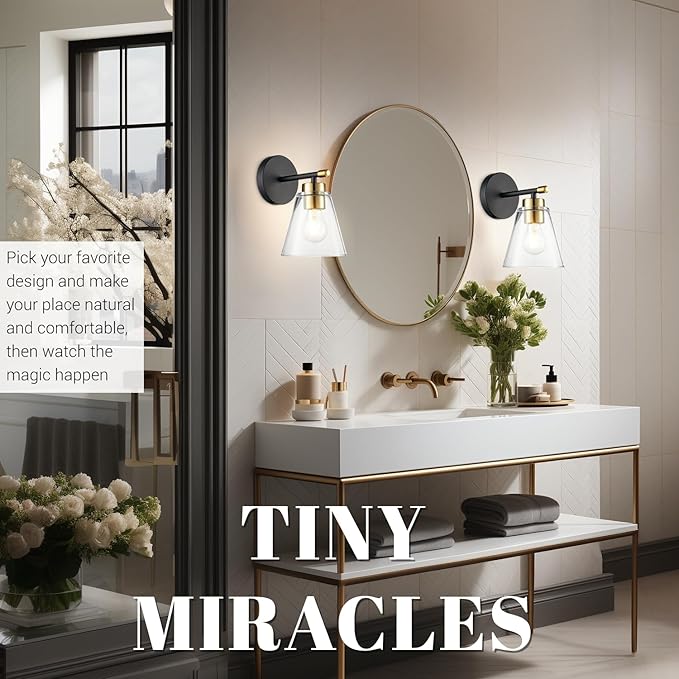 Hamilyeah Black and Gold Wall Sconces Set of 2, Bathroom Sconces Wall Lighting Fixture Indoor with Glass Shade, Mordern Black Wall Sconce Lighting for Kitchen, Hallway, Living Room