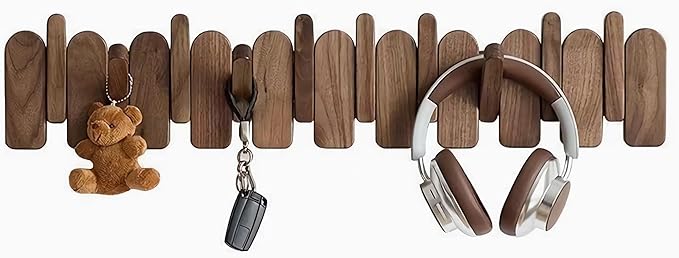 Wall Mounted Piano Key Hanger | Flip Style Hook | Entrance Wall Art Hook, Made of Oak Wood (3 Times Painted, 4 Times Polished) (Arc Walnut, 6Hooks)