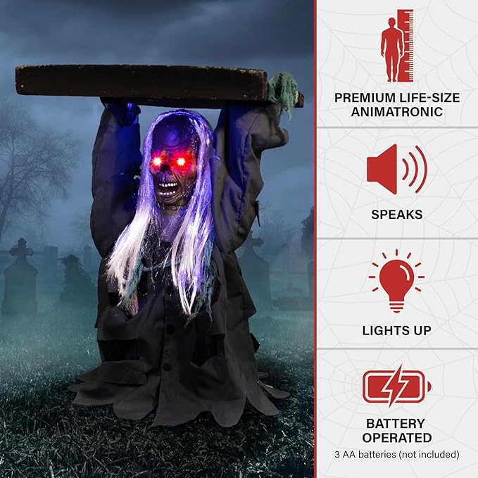 Haunted Hill Farm Tombstone Lifter by Tekky, Battery-Operated, Sound Activated Animatronic Zombie with Sound Effects and Lights for Indoor or Covered Outdoor Creepy Halloween Decoration