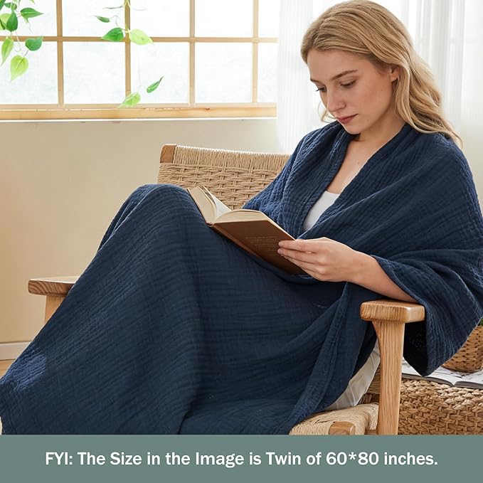 EMME Muslin Blankets for Adults Navy Small Blanket 40" x 50" | Throw Blanket - Image 2