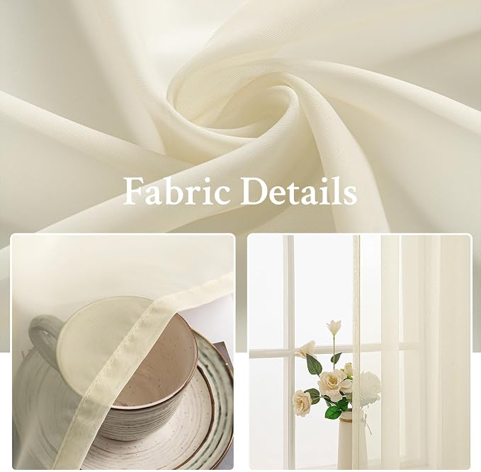 MIULEE Light Cream Sheer Curtains 90 inches Long Window Curtains 2 Panels Solid - Image 3