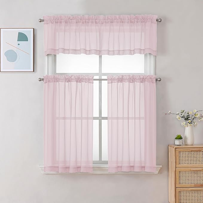Gwine Blush Pink Sheer Curtain Tiers 24 Inch Length, Light Filtering Voile - Image 2