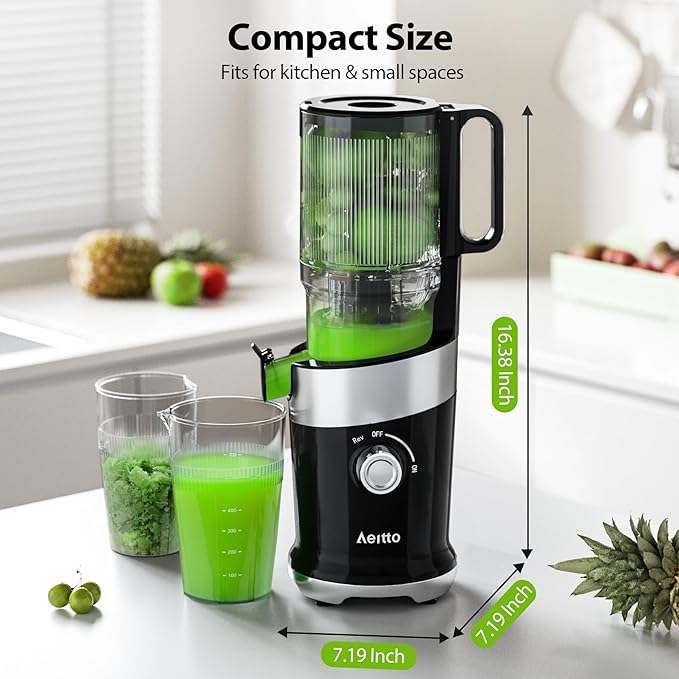 Aeitto Cold Press Juicer, Juicer Machines with 4.9" Large Feed Chute, Fits Whole Vegetables and Fruits, Professional Juice Maker, Easy to Clean, High Juice Yield, Easy to Assemble,Black