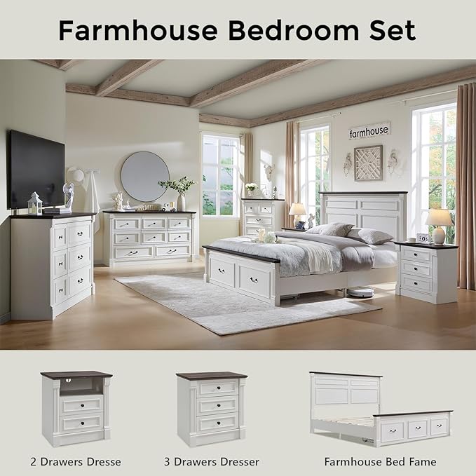 26" Tall Farmhouse Nightstand, 3 Drawers End Table w/Charging Station, 23.6" Wide Large Side Table w/Roman Column, Wood Rustic Sofa Table for Bedroom, White