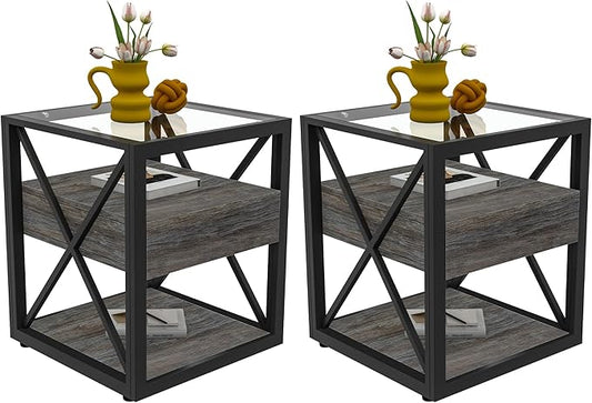 Farmhouse End Table Set of 2, Modern Side Table with Drawer&3-Tier Storage Shelf, Square Rustic Nightstand, Accent Tea Table, for Bedroom Office Living Room, Grey, Natural Wood, Glass, Metal