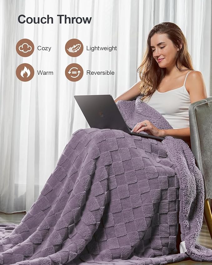 Pawque Super Soft Cozy Throw Blanket Twin Size for Couch Bed, Fluffy Sherpa Fleece Reversible Thick Warm Fuzzy Blanket for All-Season, 3D Checkered Jacquard Decorative Blankets, Purple, 60" x 80"