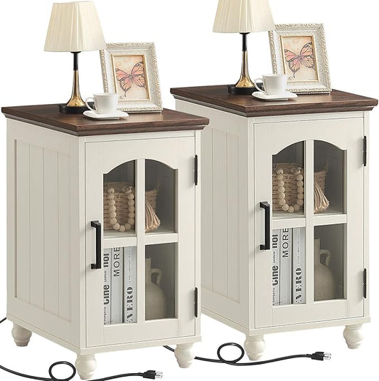 Narrow Side Table Set of 2,White Nightstand with Charging Station,End Table with Glass Barn Door Storage, Cabinet Organizer with Adjustable Shelf, Night Stand for Small Spaces Living Room Bedroom