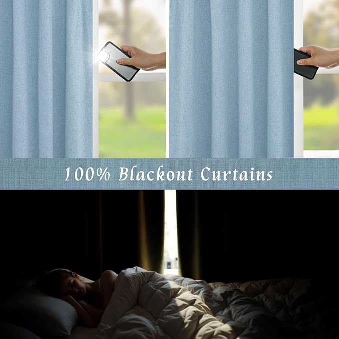 Stone Blue 100% Blackout Linen Curtains 84 Inch - Image 3