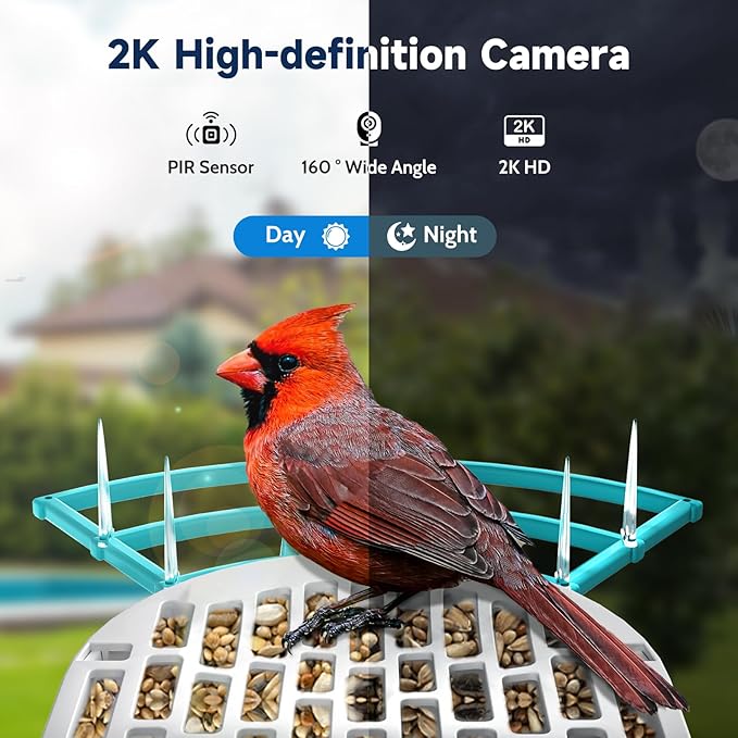Smart Bird Feeder with Camera, 2K HD Bird Feeders for Outdoors with Solar Panel, Al Identification, Idea Gift, Blue