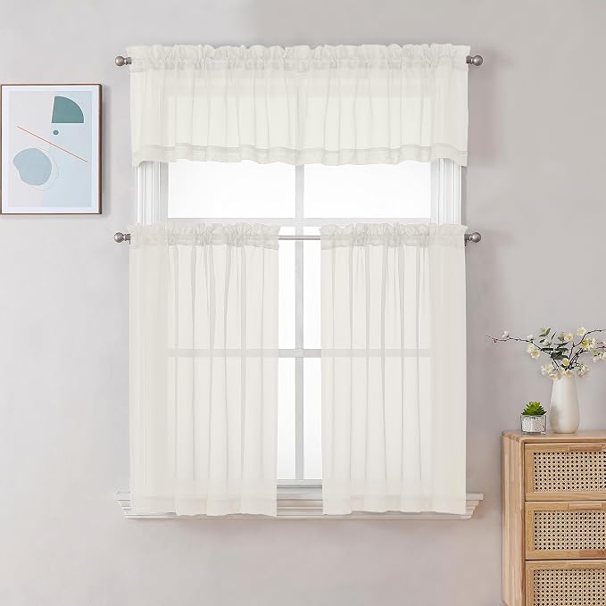 Gwine Ivory Sheer Curtain Tiers 24 Inch Length, Light Filtering Voile Short - Image 2