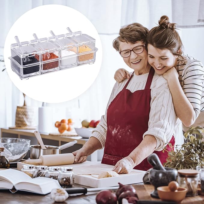 4 PCS Seasoning Box, Clear Spice Containers with Spoon, Acrylic Toppings Containers with Lids, Kitchen Multi Spice Box for Salt, Sugar, Pepper, Garlic Powder