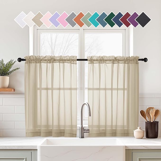Taupe Sheer Curtains Tier 30 Inches Length 2 Panels Set, Light Filtering by Home