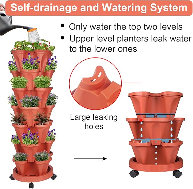 Vertical Planter 7 Tier Stackable Planters Garden Planters Strawberry Herb Flower and Vegetable Planter Indoor Outdoor Gardening Pots with Removable Wheels and Tools 2-Pack