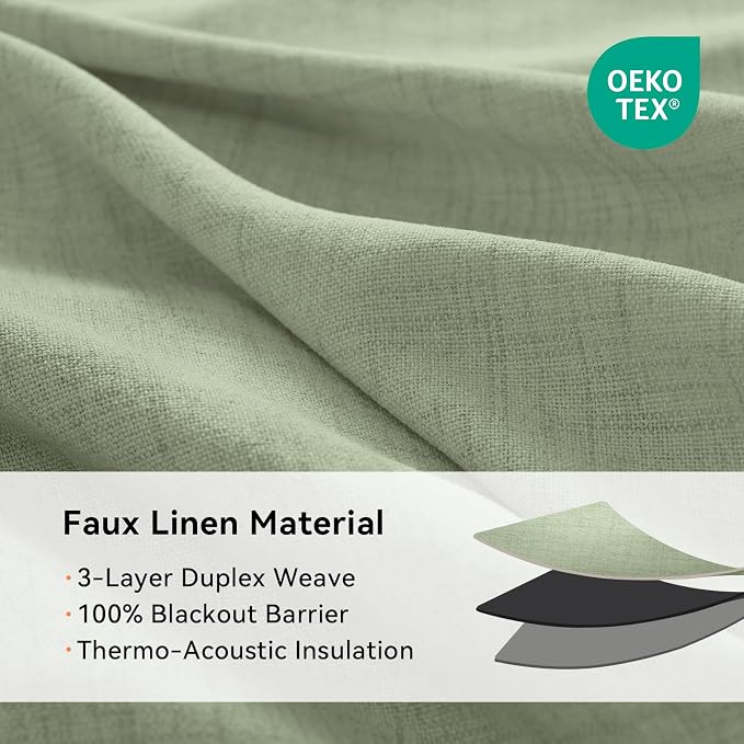 100% Blackout Linen Textured Curtains 90 Inch Long, Sage Green | 100% Blackout - Image 5