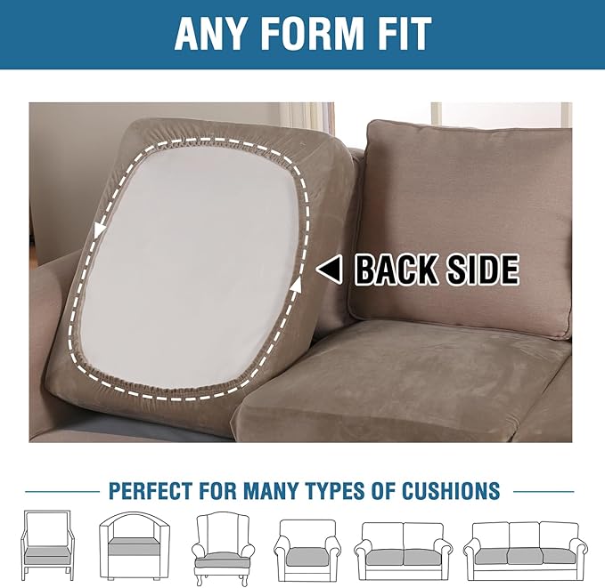 H.VERSAILTEX Velvet Stretch Couch Cushion Cover Plush Cushion Slipcover for Chair Loveseat Sofa Cushion Furniture Protector Seat Cushion Sofa Cover (3 Piece XL Sofa Cushion Covers, Mocha)