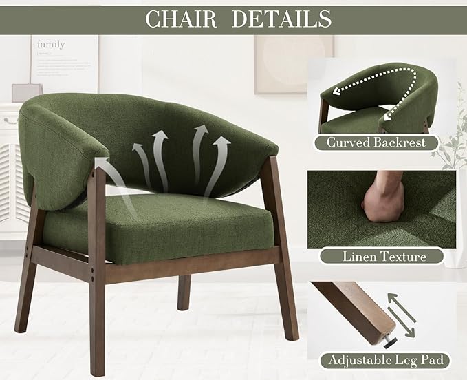 Mid-Century Modern Accent Chair, Comfy Barrel Armchair with Wide Seat, Upholstered Lounge Chair with Walnut Wood Legs for Living Room/Bedroom/Reading Corner, Linen Fabric, Deep Green, 1PC
