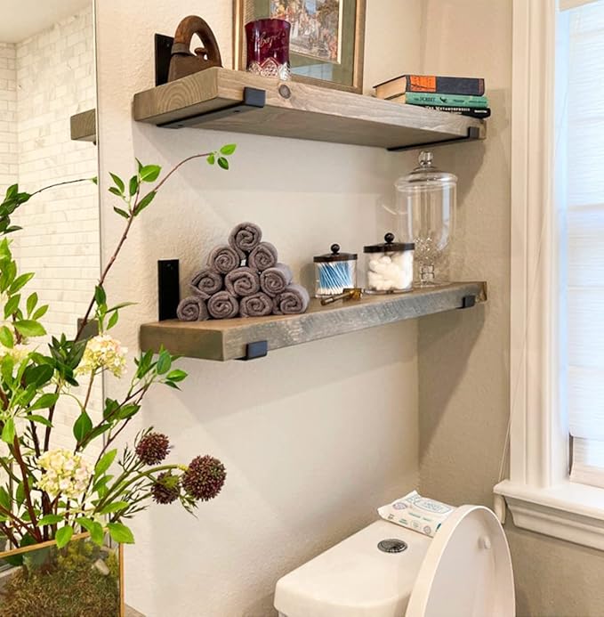 Rustic Shelves with J-Brackets Set of 2, Industrial Shelf, Kitchen Shelves, Solid Wood, Decorative Wall Storage, Heavy Duty, URBANDI (Grey, 12Wx6D)