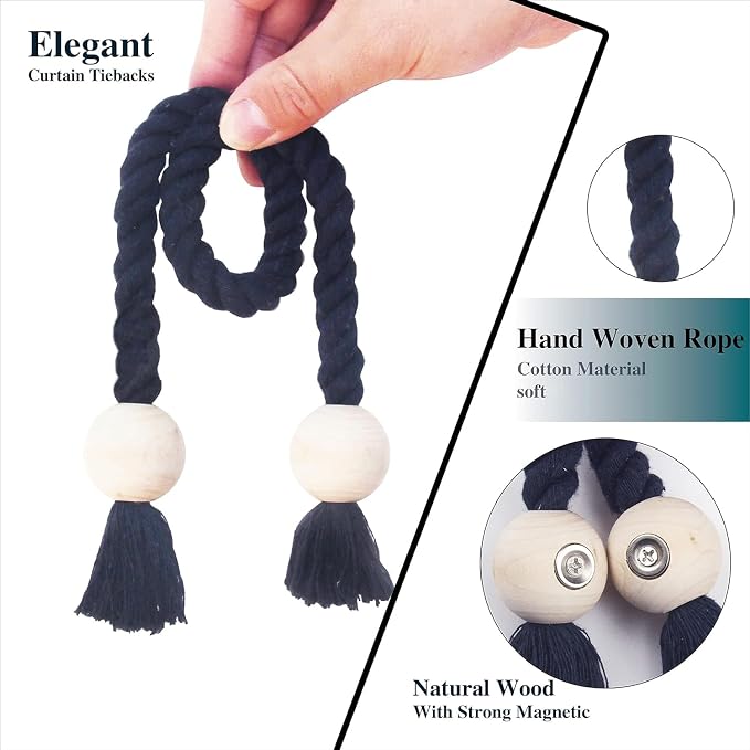 6 Pack Magnetic Curtain Tiebacks Cotton Hand Woven Tie Back Decorative Rope - Image 2