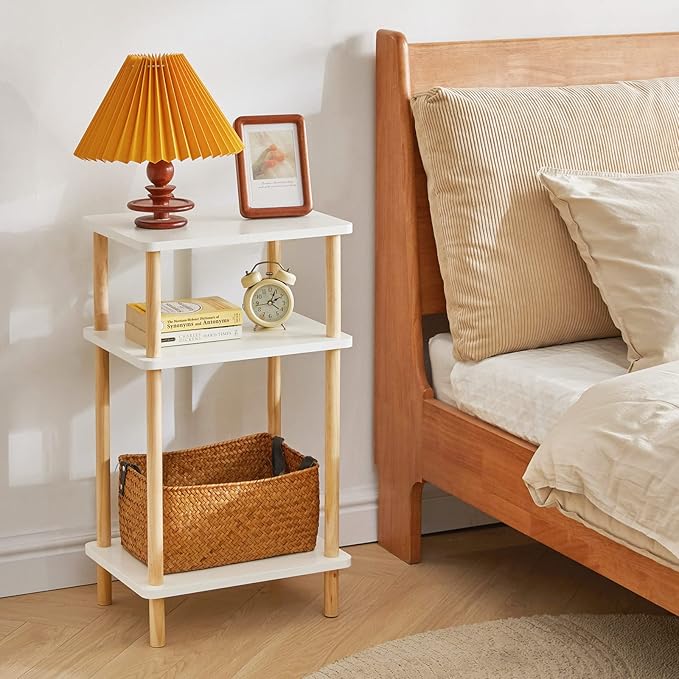 IBUYKE 3-Tier Side Table, Solid Wood Tall End Table with Storage Shelves, Nightstand Bedside Table for Living Room Bedroom Office, No-Tool Assembly, White UWST003W