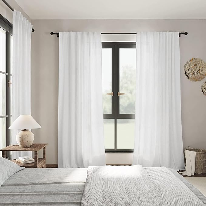 White Linen Curtains 108 Inches Long 2 Panels Back Tab Rod Pocket Modern - Image 7